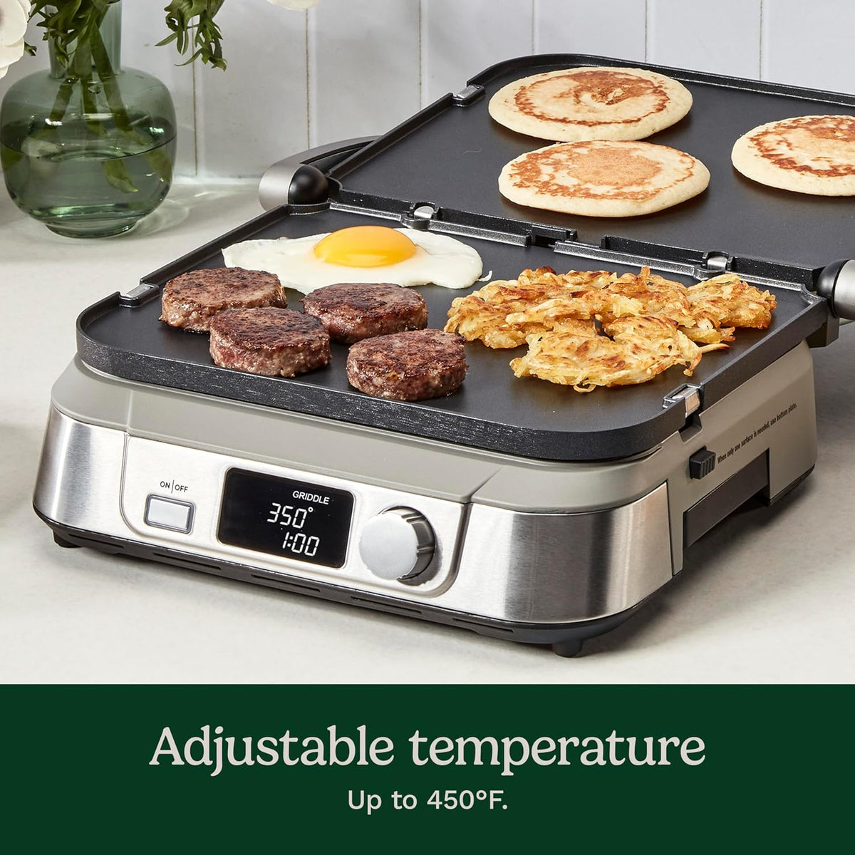 Cuisinart Parrilla eléctrica de encimera Cinco, disfruta de funciones 5 en 1, incluyendo prensa Panini, pantalla LCD, amplio rango de temperatura y función de sellado, placas antiadherentes, GR-5NAS, acero inoxidable