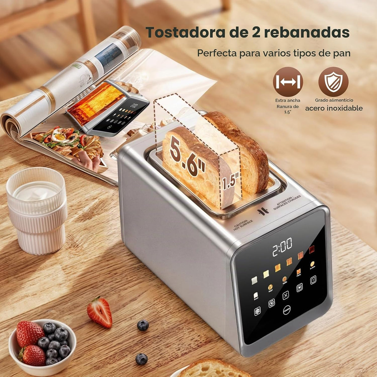 Tostadora de 2 rebanadas, pantalla táctil inteligente, ranuras anchas de