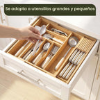 Organizador de cajones para organización de la cocina, organizador de cajones de cubiertos de bambú expandible con bloque de cuchillos extraíble, cubiertos de bambú, organizador de utensilios