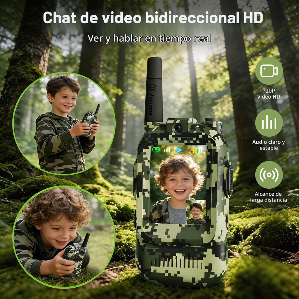 Walkie Talkies de video para niños, paquete de 2 juguetes de radio de camuflaje de 2 vías para niños de 3 a 12 años, walkie talkie de mano de largo alcance para acampar al aire libre, senderismo, el