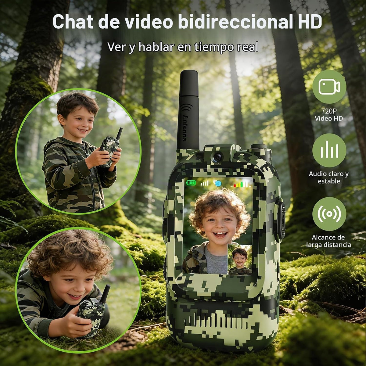 Walkie Talkies de video para niños, paquete de 2 juguetes de radio de camuflaje de 2 vías para niños de 3 a 12 años, walkie talkie de mano de largo alcance para acampar al aire libre, senderismo, el