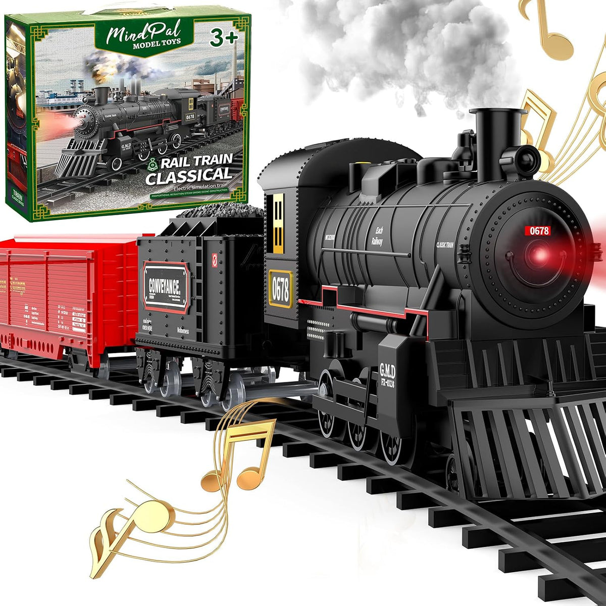 Juego de tren eléctrico con humo, luces y sonido, juego de tren para debajo del árbol de Navidad con locomotoras de vapor, autos y pistas, juguetes de tren de Navidad para niños de 3, 4, 5, 6, 7 años