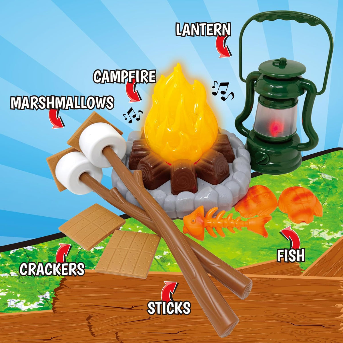 Nature Bound Kids Camping Playset - Juego de camping para niños con fogata iluminada - Set de juguete para aventuras en interiores y exteriores - Finge hacer s'mores, linterna y accesorios de camping (Caja de regalo)