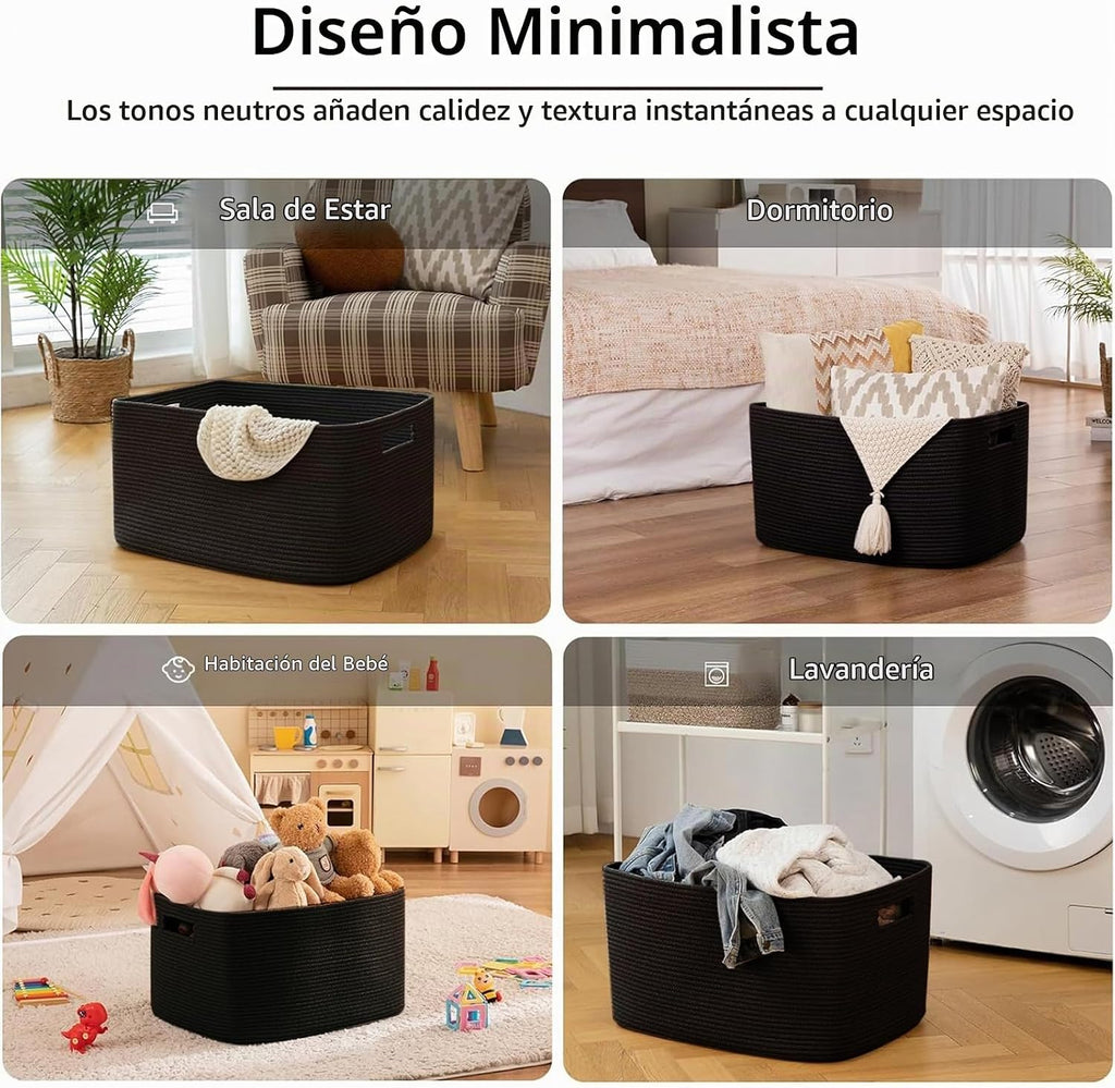 OIAHOMY Cesta rectangular XXL para manta, 96 litros, cesta tejida de algodón para almacenamiento, cestas de ropa sucia para sala de estar, guardería, dormitorio, organización de juguetes con asa, 24 x