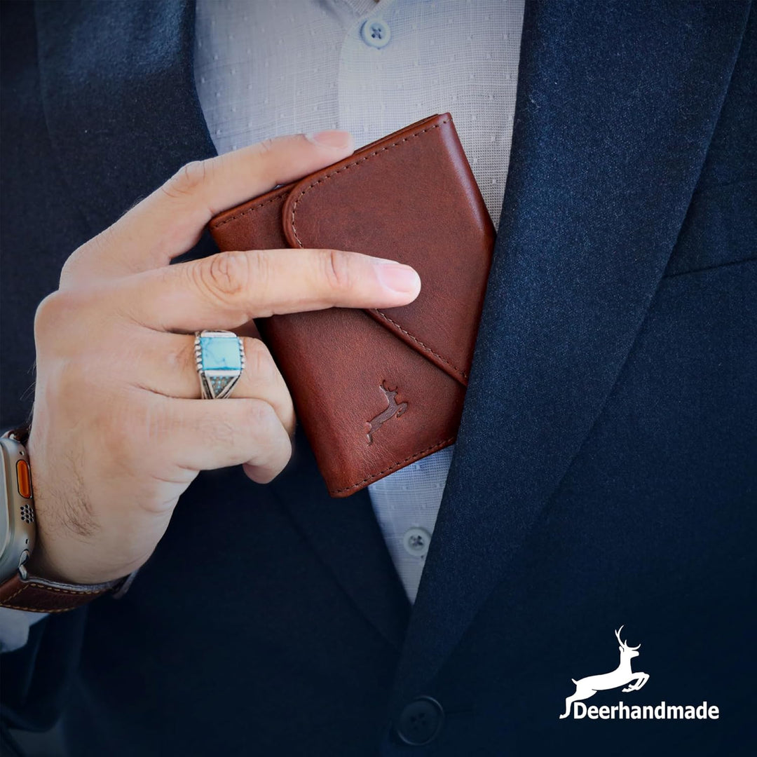 Deerhandamde - Cartera minimalista de cuero para hombre, cartera he...