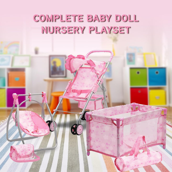 Juego de cochecito, columpio y cuna para muñeca bebé, juego de acce...