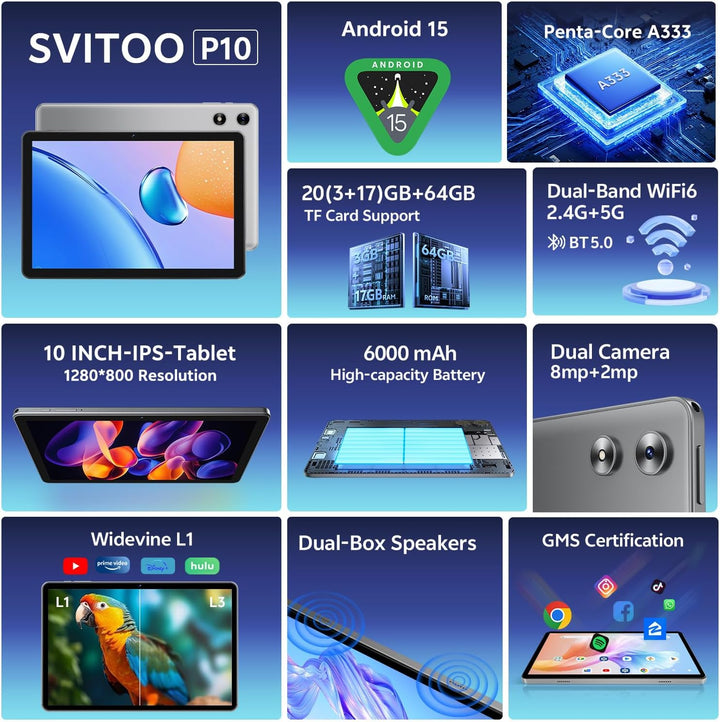 SVITOO Tablet Android de 10 pulgadas, tableta Android 15 para niños...