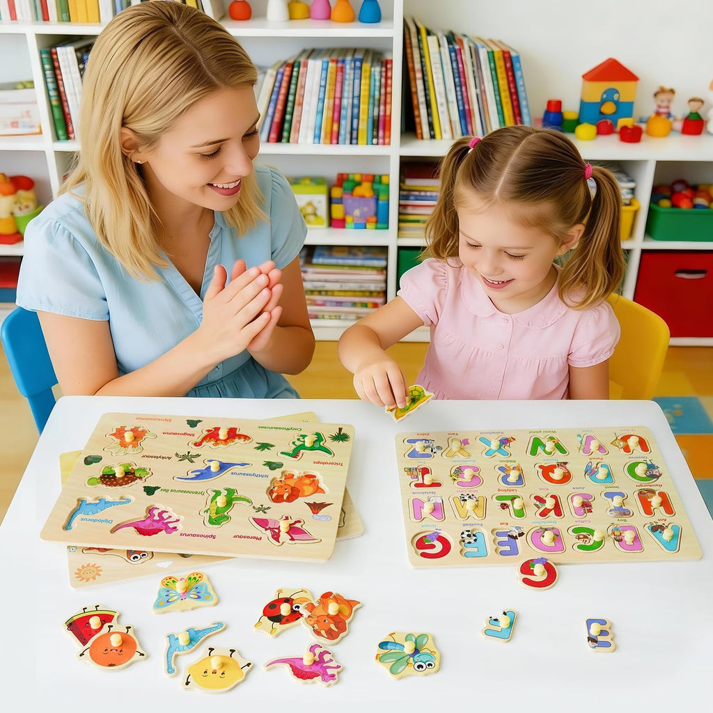MerryPony - Rompecabezas de clavijas de madera para niños pequeños de 2, 3 y 4 años, 6 piezas de rompecabezas Montessori para niños pequeños - Rompecabezas de alfabeto, forma, número, fruta