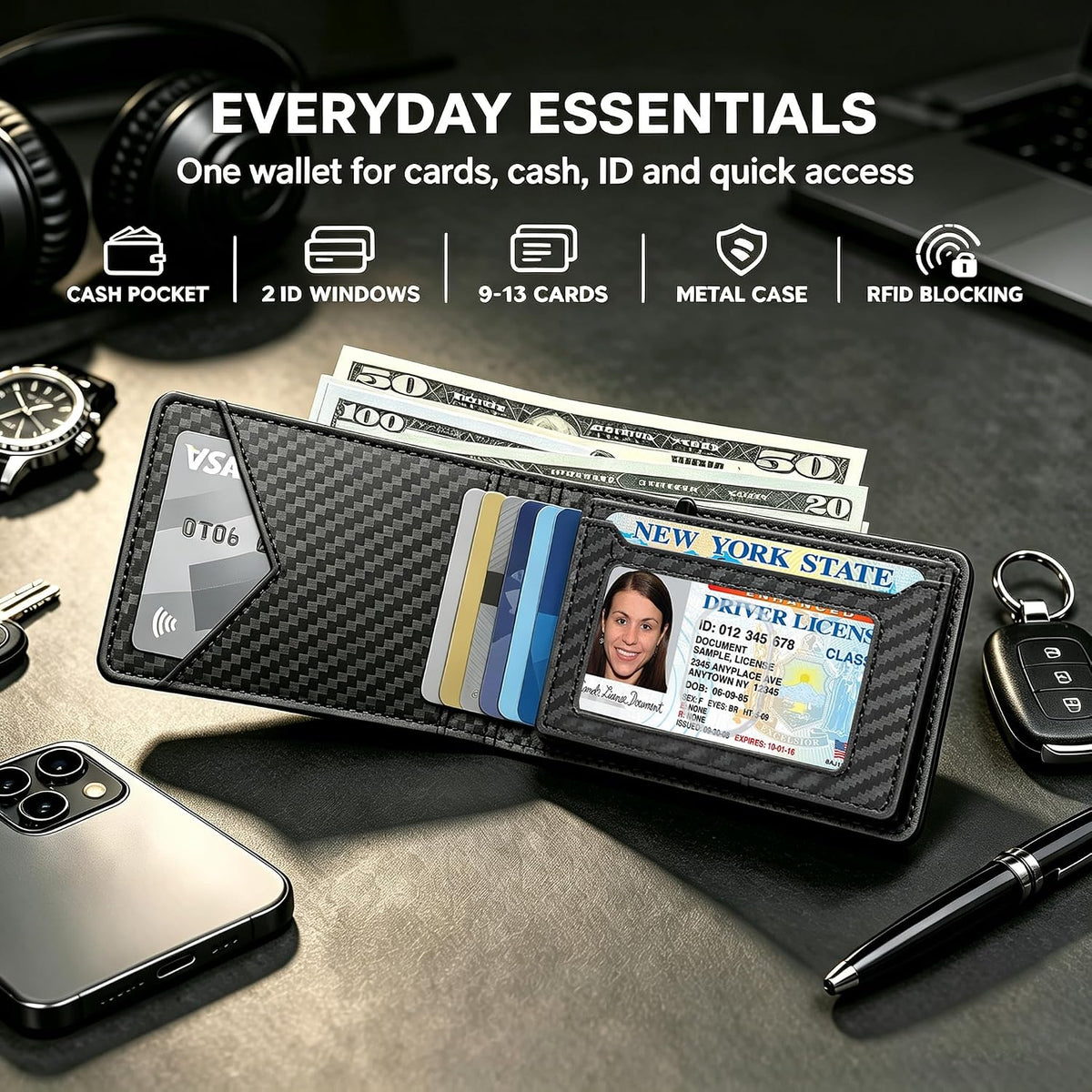 Cartera para hombre, con funda de metal, inteligente, delgada, con cierre magnético, 14-16 tarjetas, billetera triple de cuero con bloqueo RFID, bolsillo frontal