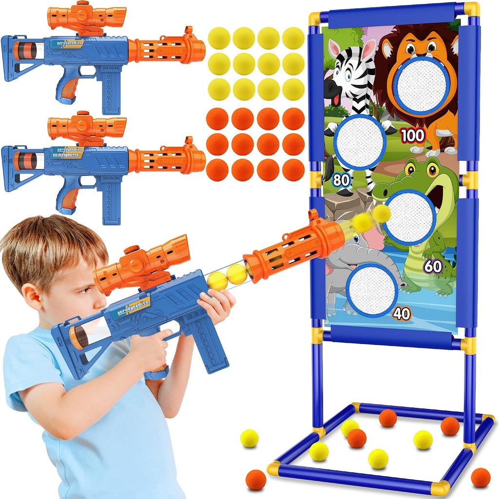 KKONES Juguete de Juego de Disparos para Niños - Pistolas de Aire de Espuma de Juguete para 2 Jugadores, 24 Balas de Espuma Popper y Objetivo de Disparo de Pie, Regalos de Cumpleaños para Niños de 3 4