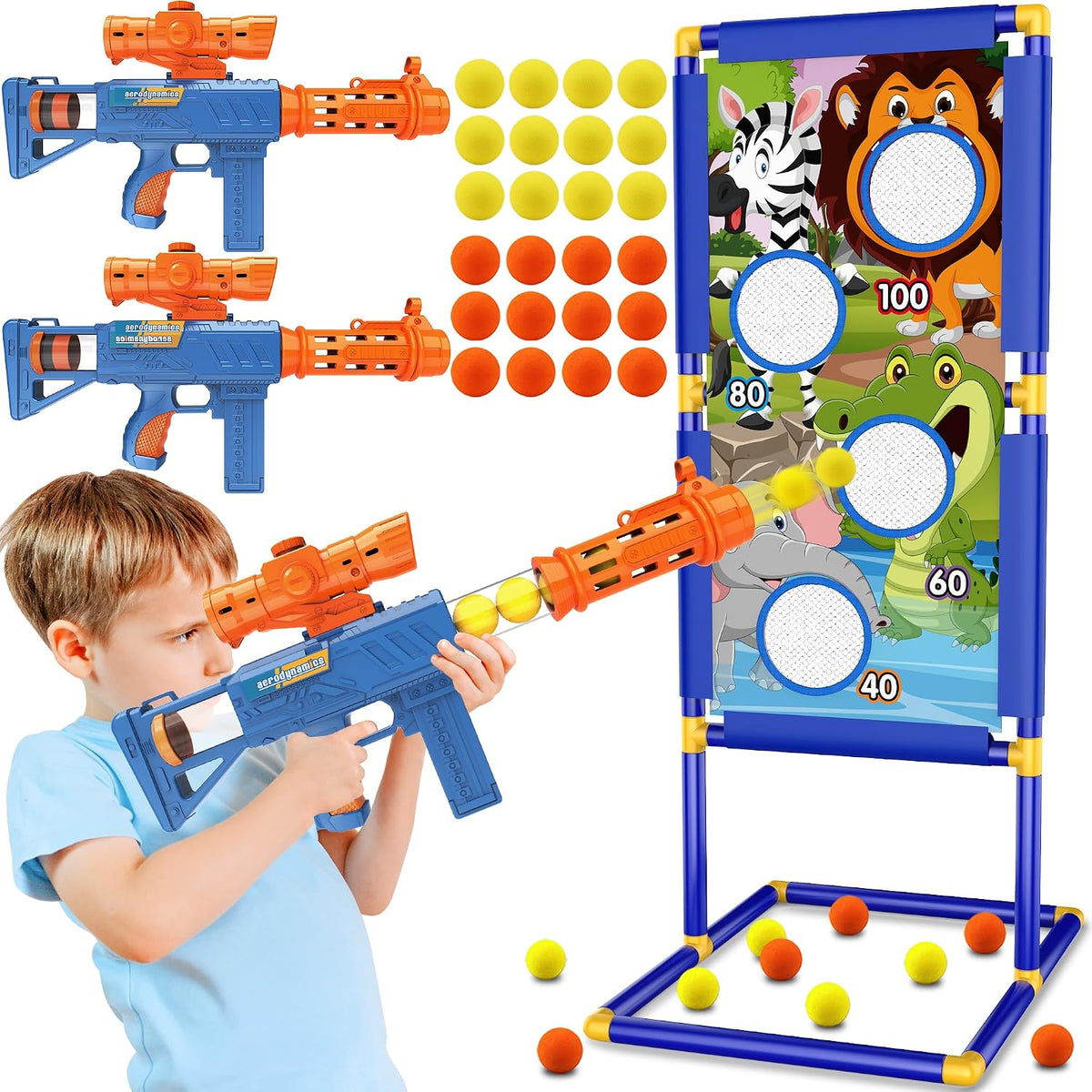 KKONES Juguete de Juego de Disparos para Niños - Pistolas de Aire de Espuma de Juguete para 2 Jugadores, 24 Balas de Espuma Popper y Objetivo de Disparo de Pie, Regalos de Cumpleaños para Niños de 3 4