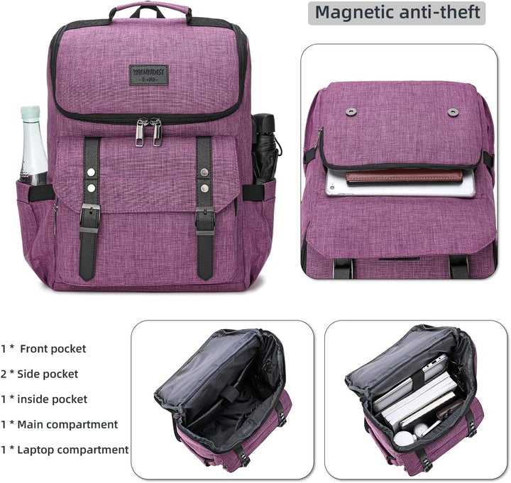 Mochila vintage para laptop con puerto de carga USB para mujeres y...
