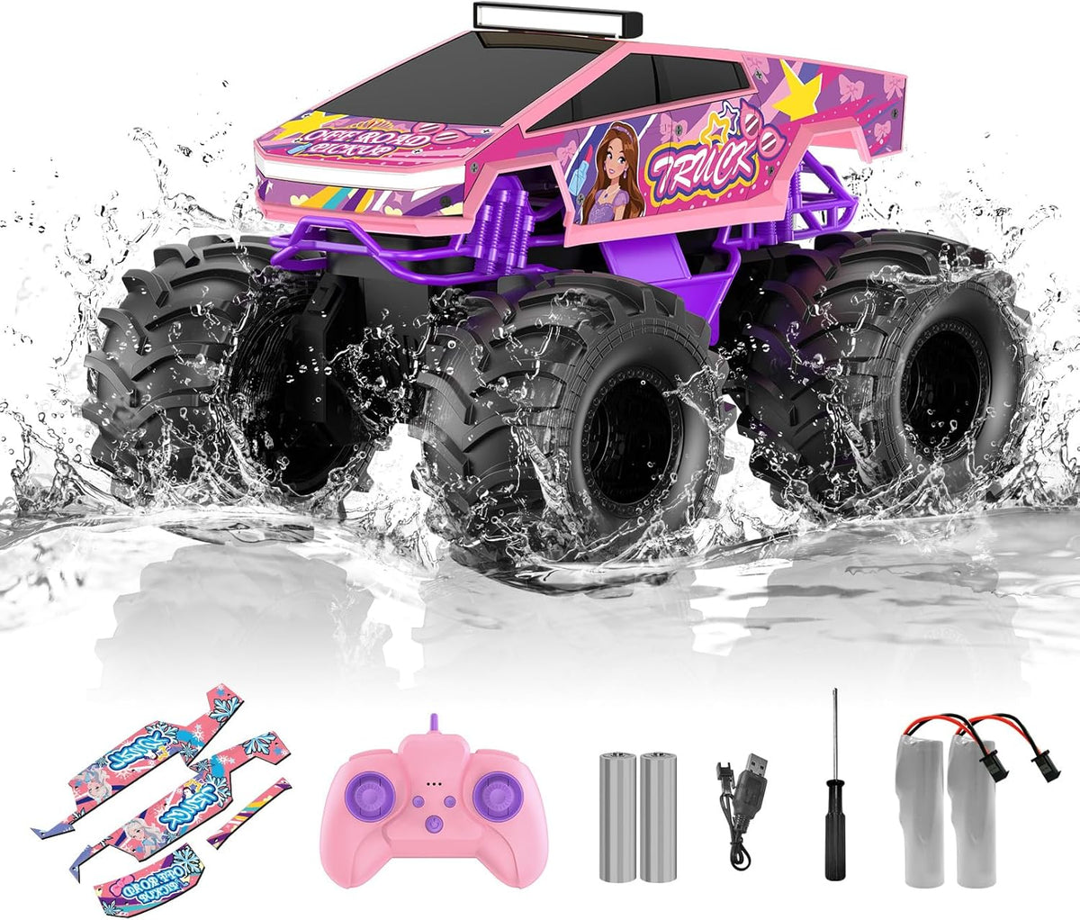 Auto de control remoto anfibio, camión monstruo rosa 1:18, juguetes para niñas