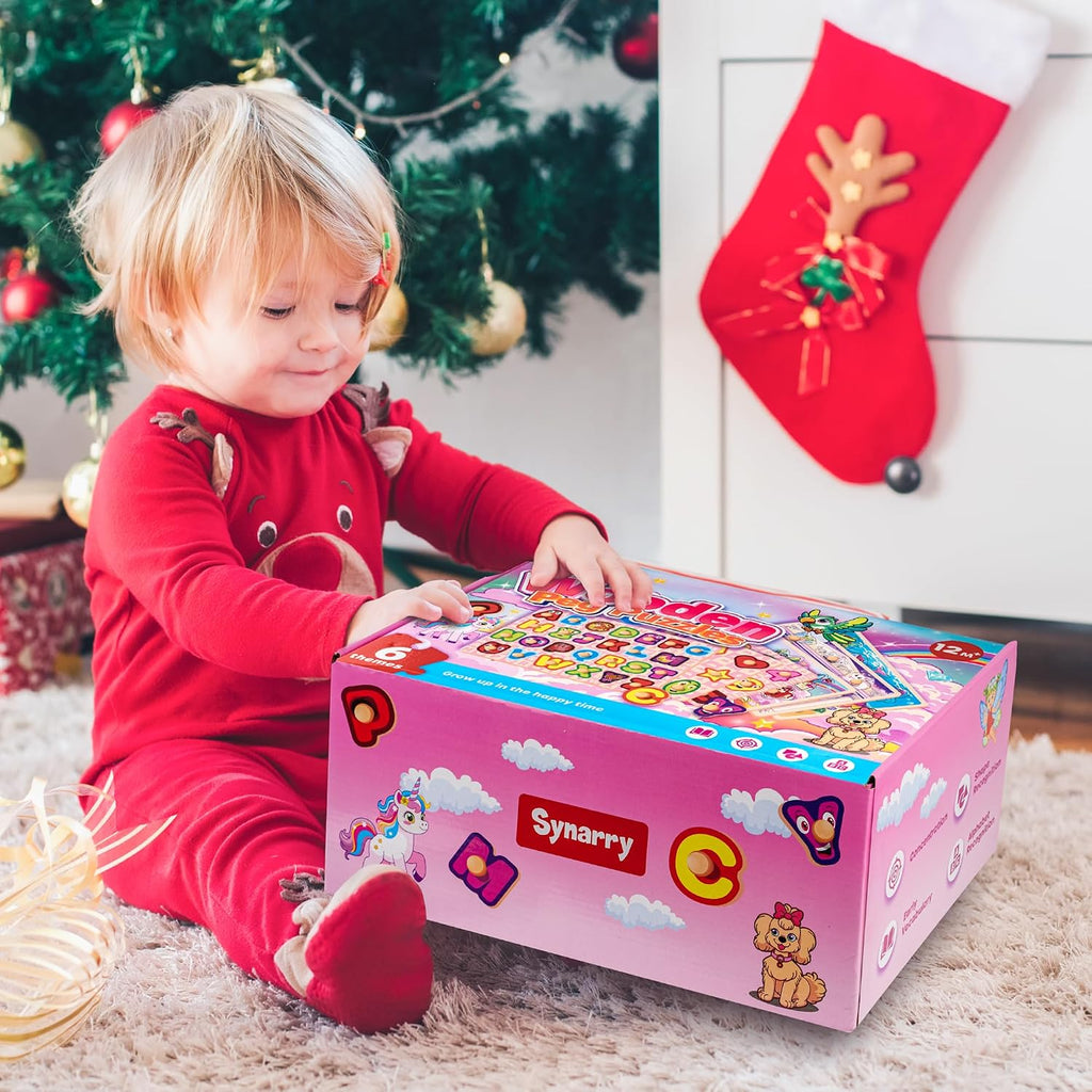SYNARRY Rompecabezas de madera para niños pequeños de 1 a 3 años, 6 juegos de rompecabezas para niños de 1 a 3 años con estante, aprendiendo con forma de número del alfabeto, unicornio, princesa, sirena, animal, regalos para niñas de 2 a 4 años