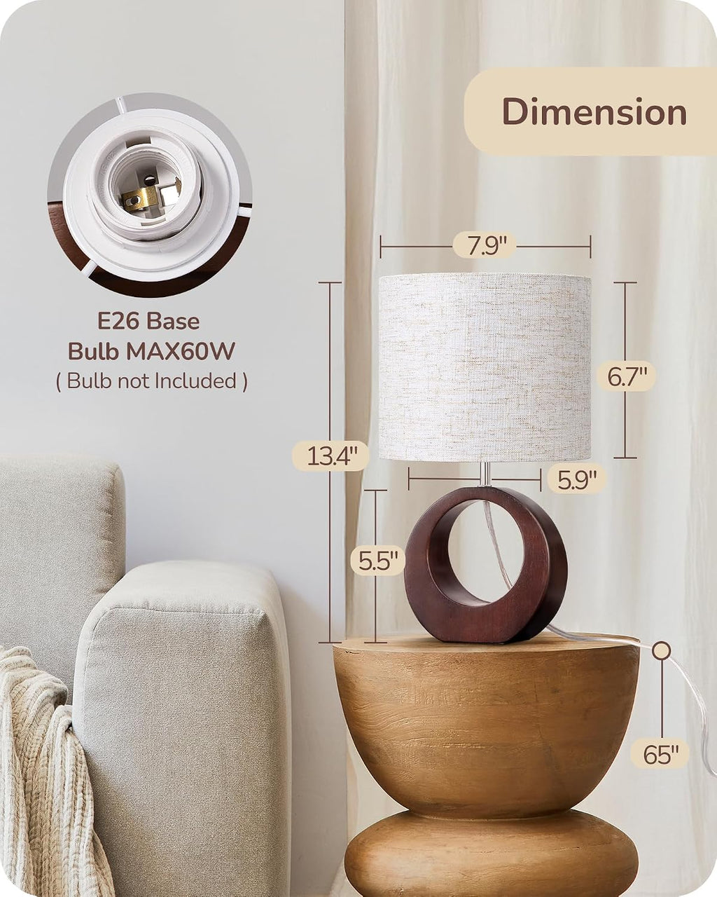 Lámpara EDISHINE Lámpara de mesa pequeña de madera de 13.4 pulgadas, interruptor de