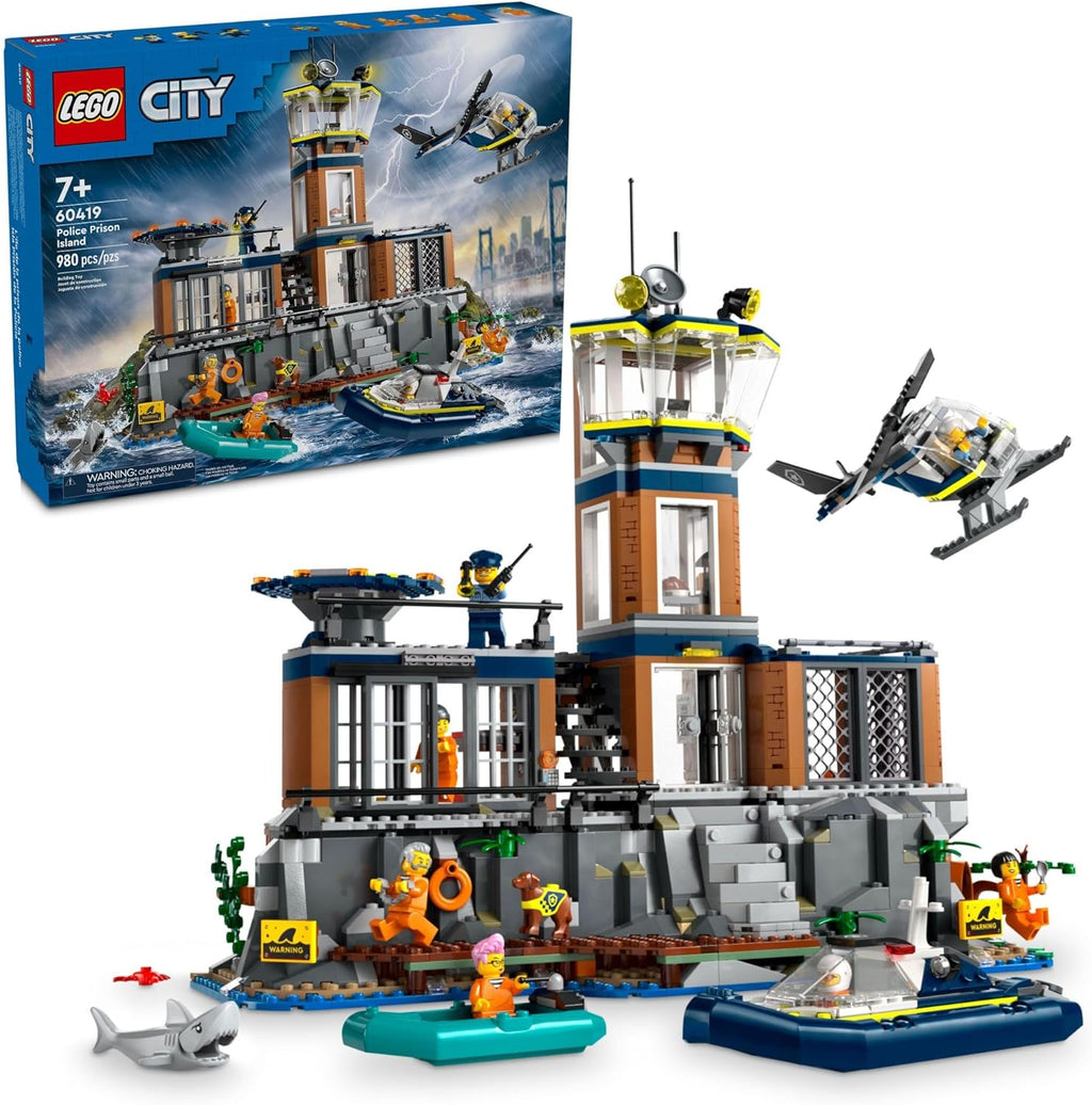 LEGO City Police - Juego de construcción de prisión isla, regalo de cumpleaños para niños y niñas a partir de 7 años, juego imaginativo, juguete de helicóptero, juguete de barco y bote, 7 minifiguras con perro y tiburón, 60419