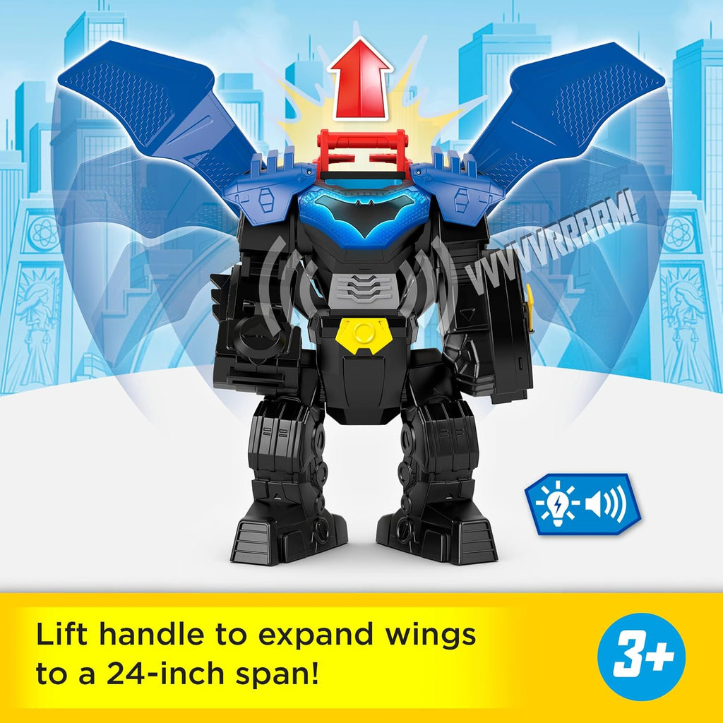 Fisher-Price Imaginext DC Super Friends, Batman Flight Mech con luces, sonidos, movimiento y figura de acción de 3 pulgadas, juguete de 14.5 pulgadas incluye lanzador y discos