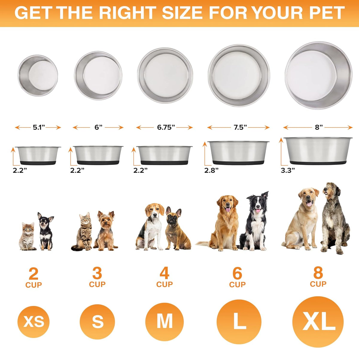 Neater Pet Brands Tazones de acero inoxidable para perros con parte inferior de goma antideslizante, juego de 2, 6 tazas (48 onzas), color negro, cuencos de metal resistente para perros, aptos para lavavajillas, tazón de comida o agua, ideal para perros
