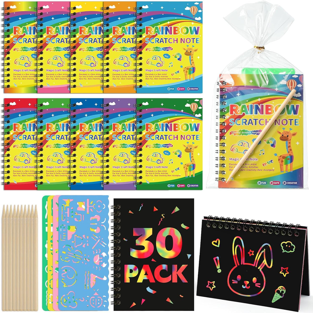 Prudiut Paquete de 30 cuadernos Rainbow Scratch Art con lápiz óptico para