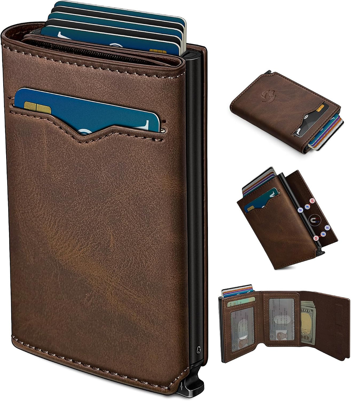Cartera para hombre, tarjetero desplegable delgado con bloqueo RFID, billetera triple minimalista con 10 ranuras para tarjetas, bolsillo para efectivo y 2 ventanas para identificación, funda