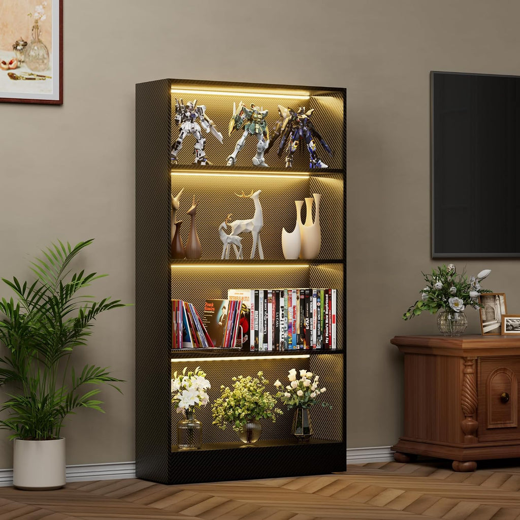 CODACE Estantería alta de madera negra de 4 niveles - Vitrina con luces LED