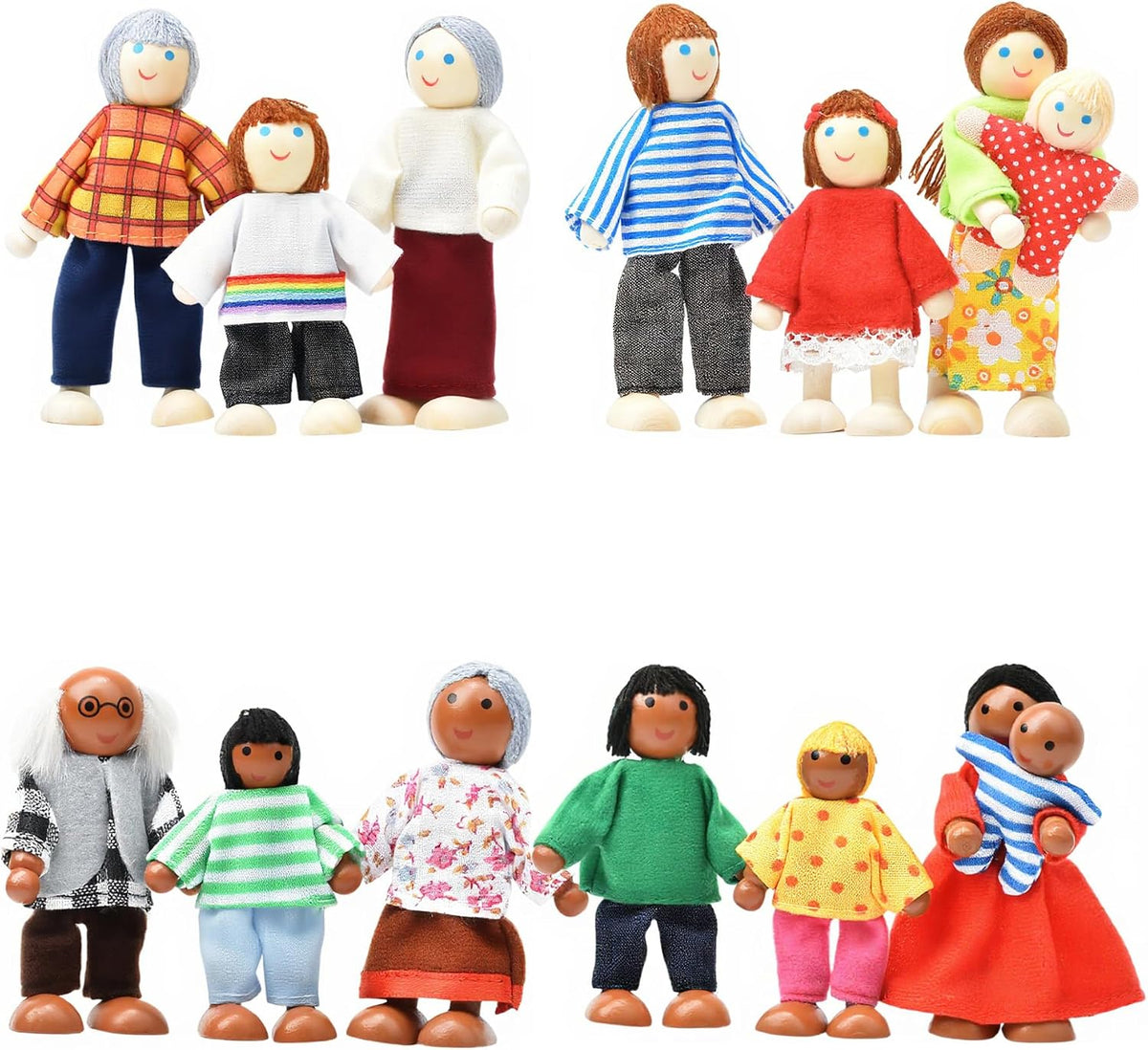 Juego de 14 piezas de casa de muñecas de madera con extremidades móviles, mini figuras de personas para jugar en casa de muñecas