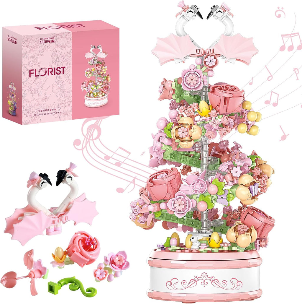 Kit de bloques de construcción de caja de música de flores con luz, 713 piezas, decoración giratoria, caja de música, colección botánica, día de la madre, regalos de cumpleaños para niñas, niños, adultos, niños a partir de 6 años