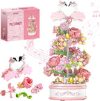 Kit de bloques de construcción de caja de música de flores con luz, 713 piezas, decoración giratoria, caja de música, colección botánica, día de la madre, regalos de cumpleaños para niñas, niños, adultos, niños a partir de 6 años