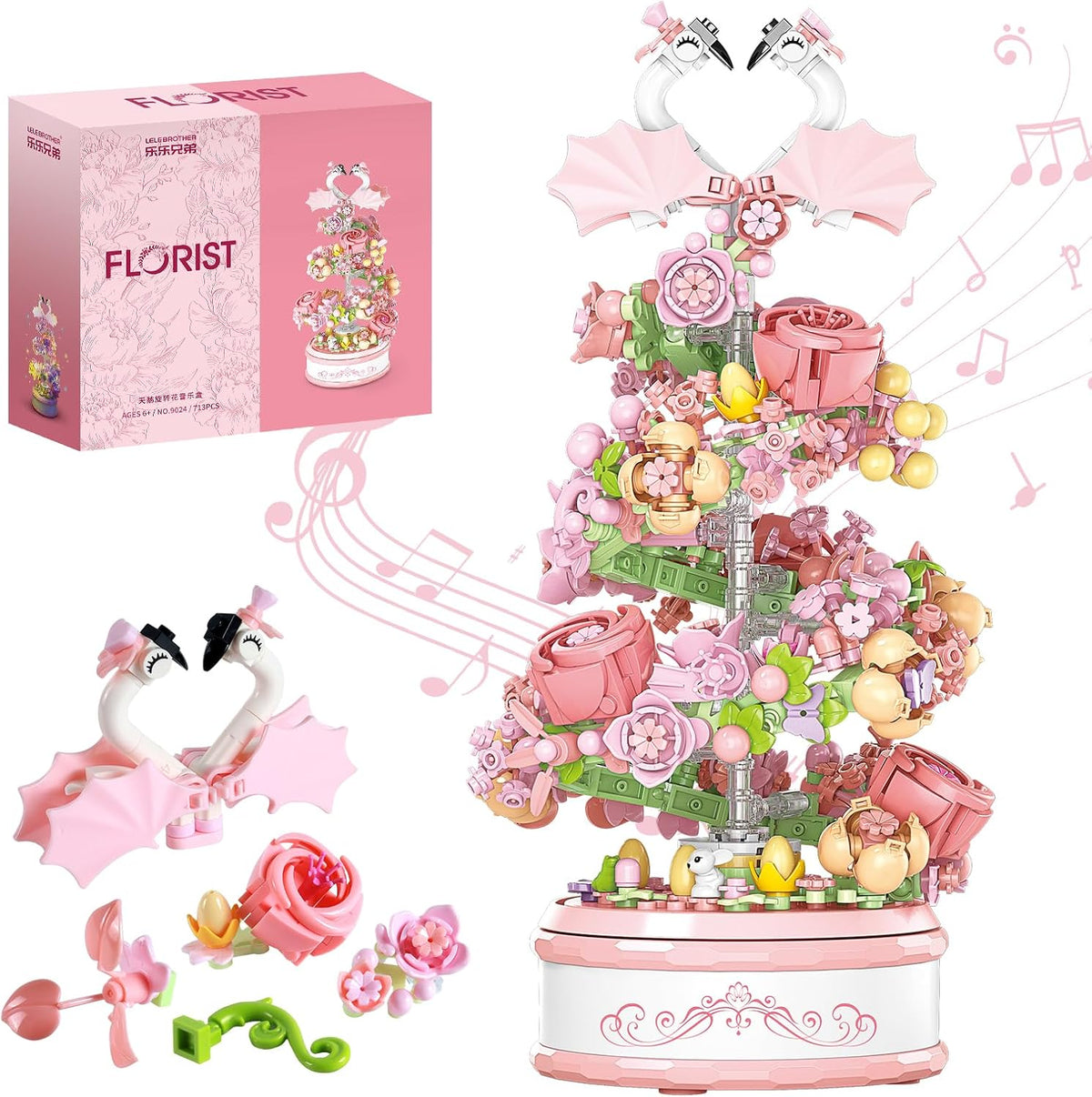 Kit de bloques de construcción de caja de música de flores con luz, 713 piezas, decoración giratoria, caja de música, colección botánica, día de la madre, regalos de cumpleaños para niñas, niños, adultos, niños a partir de 6 años