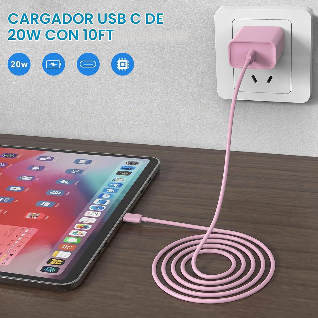 Cargador de carga rápida para iPhone 16 y 15, paquete de 3 cargadores USB C PD de 20 W con cable de 10 pies, cable USB C tipo C para iPhone 16/16 Plus/16 Pro/16 Pro Max/15/15 Pro/15 Pro Max (rosa)