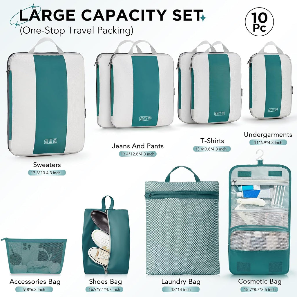OlarHike Juego de 10 cubos de compresión para artículos esenciales de viaje, bolsas compresibles expandibles ahorradoras de espacio para organizar la ropa, bolsas de ropa de equipaje con más de 1000