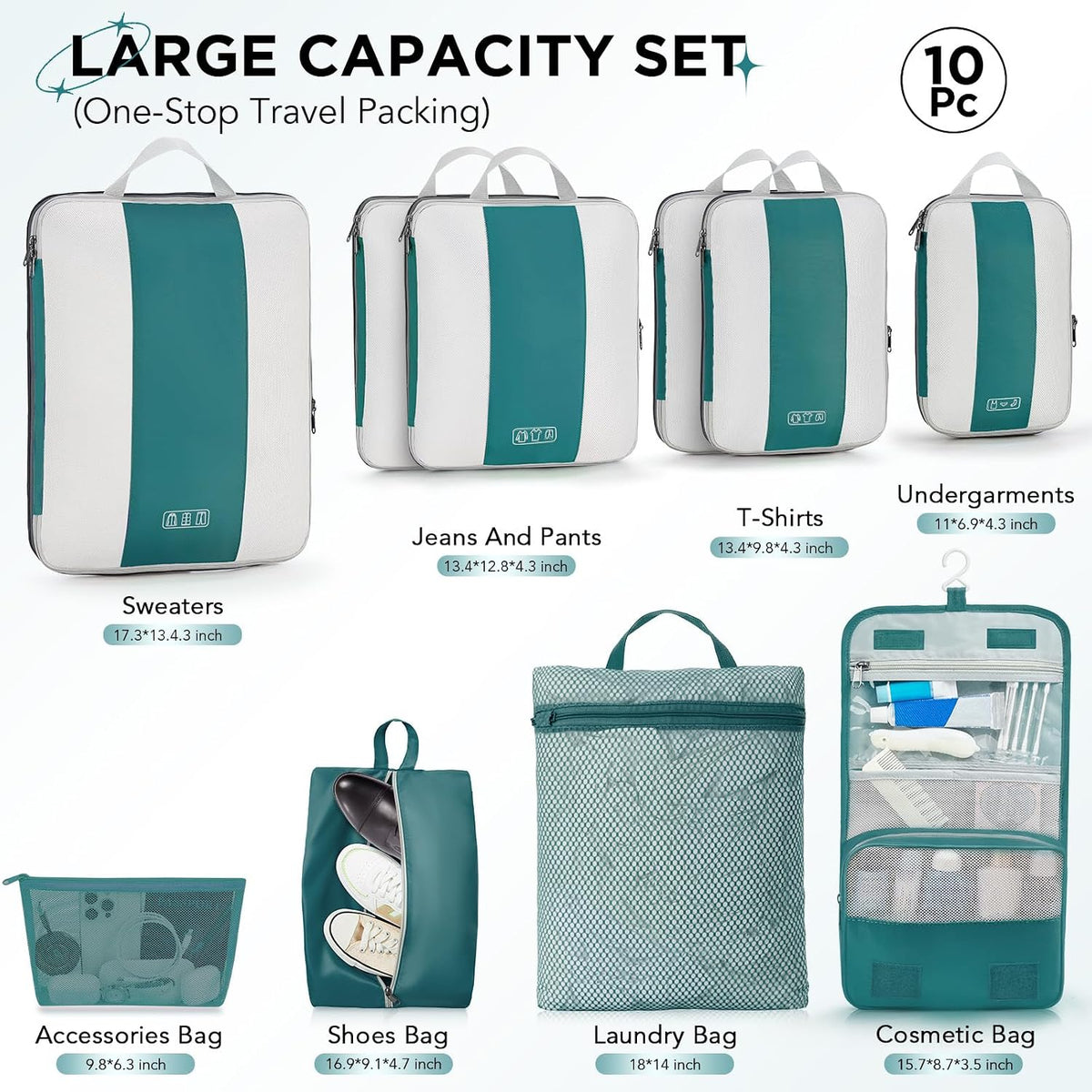 OlarHike Juego de 10 cubos de compresión para artículos esenciales de viaje, bolsas compresibles expandibles ahorradoras de espacio para organizar la ropa, bolsas de ropa de equipaje con más de 1000