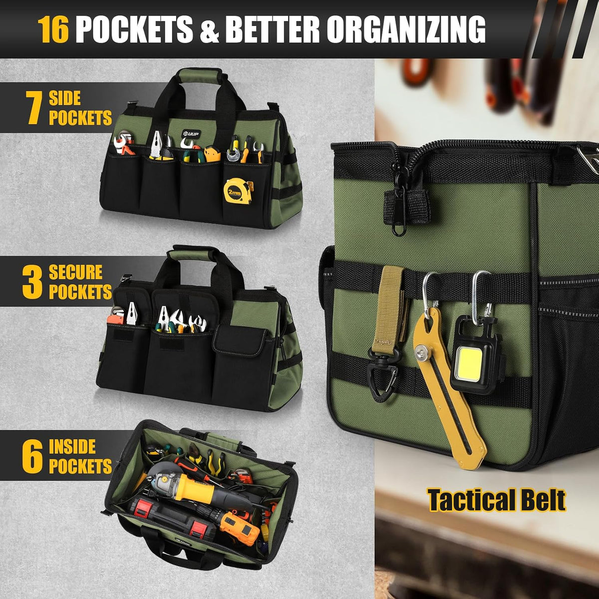 Bolsa de Herramientas Grande de 18 Pulgadas, Organizador de Almacenamiento de Caja de Herramientas Portátil de 16 Bolsillos, Bolsa de Herramientas Táctica Resistente con Cremallera Grande, Caja de