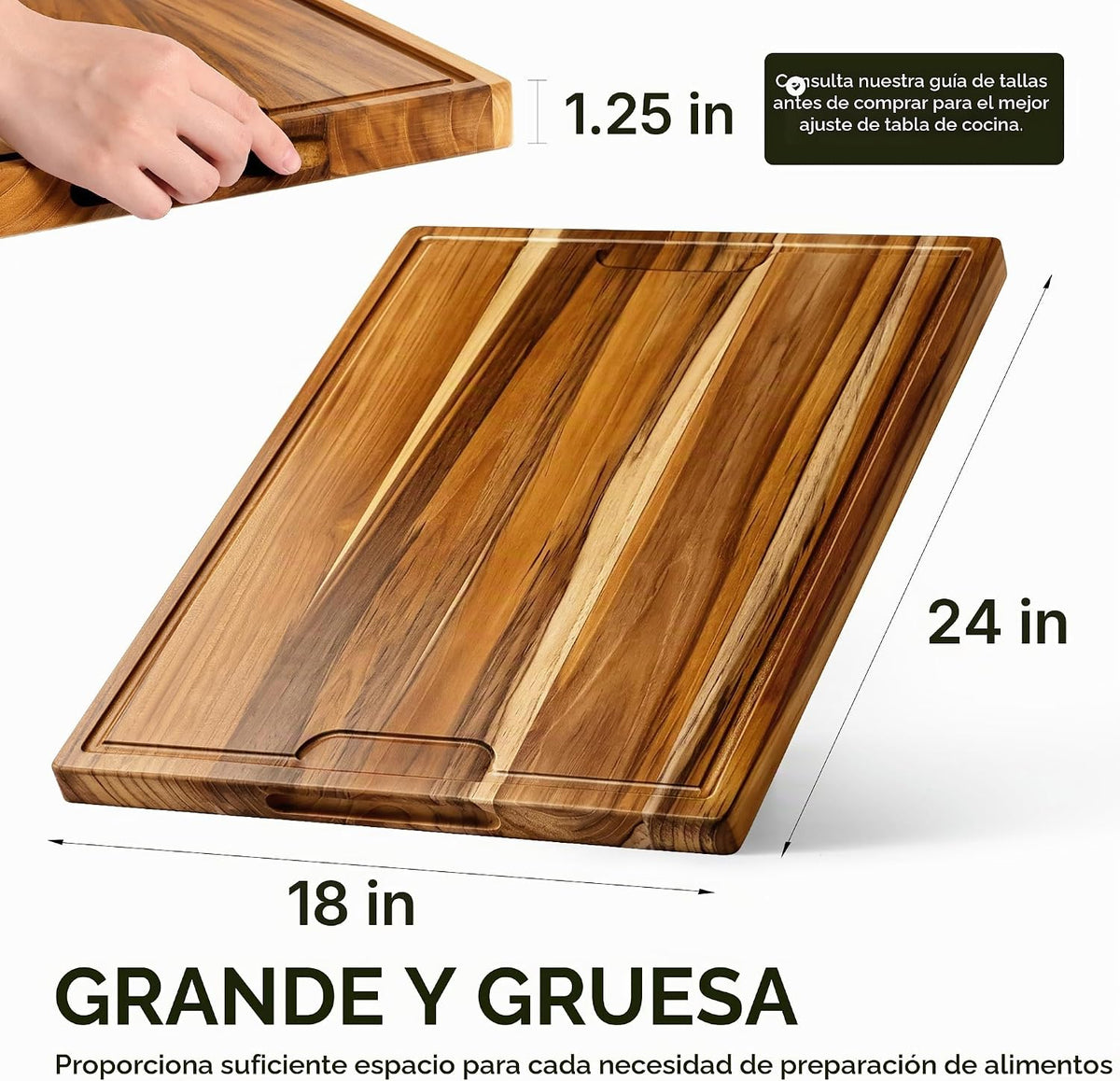 Tabla de cortar de teca 24 x 18 in, bloque de carnicero con canal para jugos