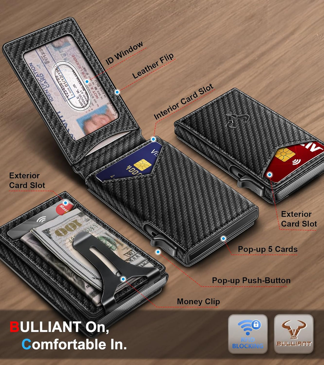 Cartera BULLIANT para hombre, cartera con clip de dinero delgada pa...