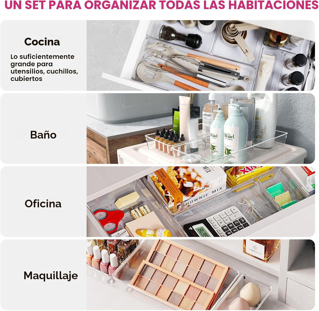 Paquete de 26 cubos organizadores de cajones grandes, organizadores completos de plástico transparente de 5 tamaños para utensilios de cocina, bandejas organizadoras de cajones de baño