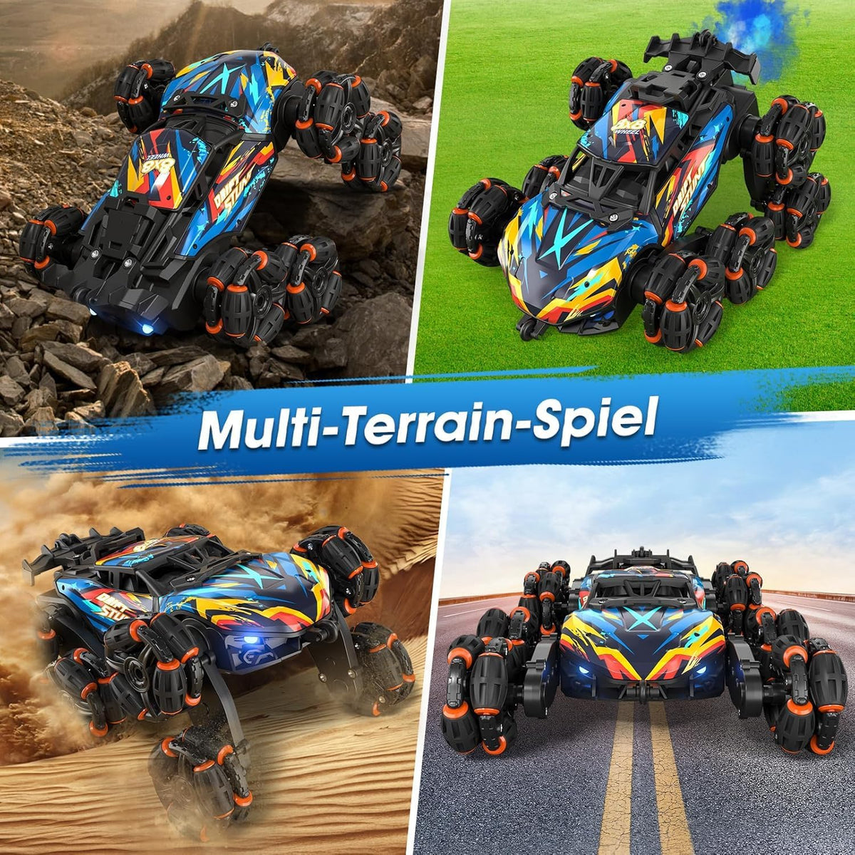 8WD - Coche de acrobacias de carretera con detección de gestos, autos de control remoto con luz LED, música y aerosol, juguetes de automóvil a control remoto de deriva regalos para niños y niñas de 6 a 12 años