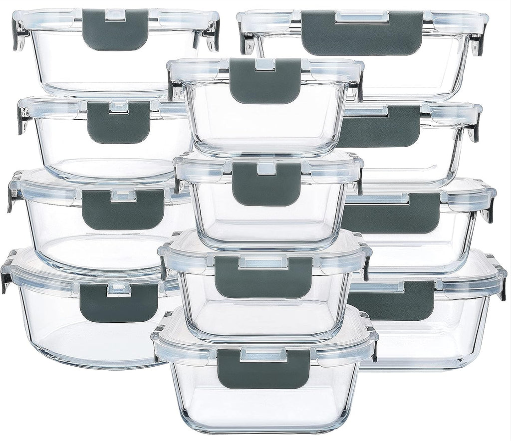 M MCIRCO Juego de 24 Piezas de Recipientes de Vidrio para Almacenamiento de Alimentos con Tapas de Cierre a Presión Mejoradas, Juego de Recipientes de Vidrio para Preparación de Comidas - Recipientes