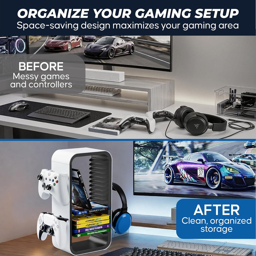 Universal Games Storage Tower Pro – para hasta 18 juegos – con soporte para mando hasta 4 mandos – Accesorios de juego para PS5, PS4, PS3, Xbox X/S/One, Switch 1 + 2, Switch OLED, BluRay,