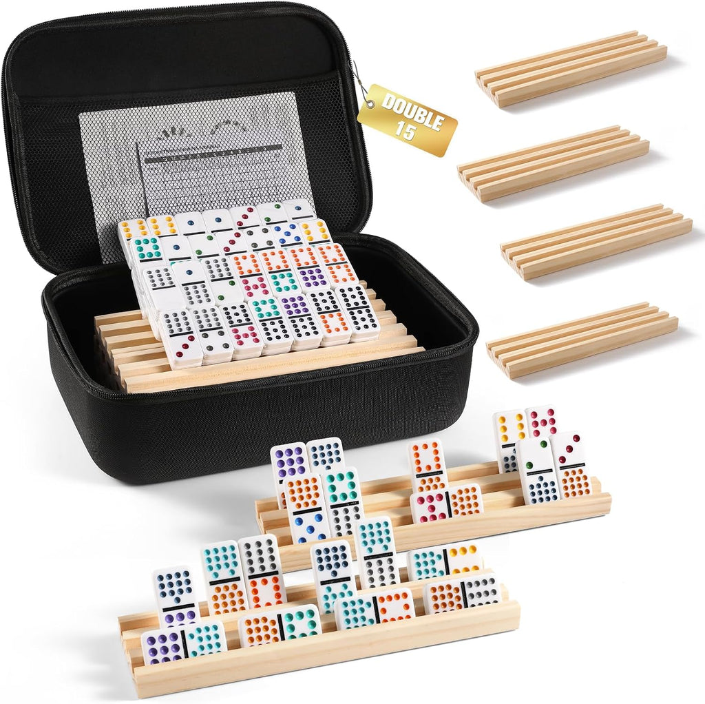 Juego de dominó de tren mexicano con 8 bandejas/estantes de madera, juego de dominó doble 15 para viajes con 8 porta fichas, juego de dominó de 136 fichas doble 15 de colores con estuche con