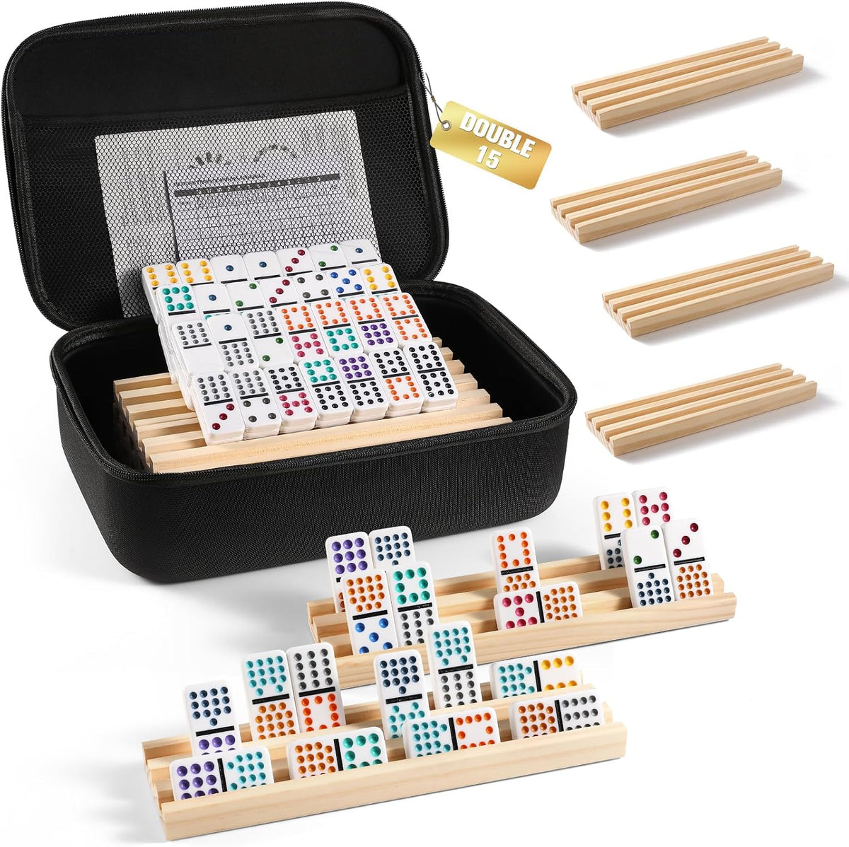 Juego de dominó de tren mexicano con 8 bandejas/estantes de madera, juego de dominó doble 15 para viajes con 8 porta fichas, juego de dominó de 136 fichas doble 15 de colores con estuche con