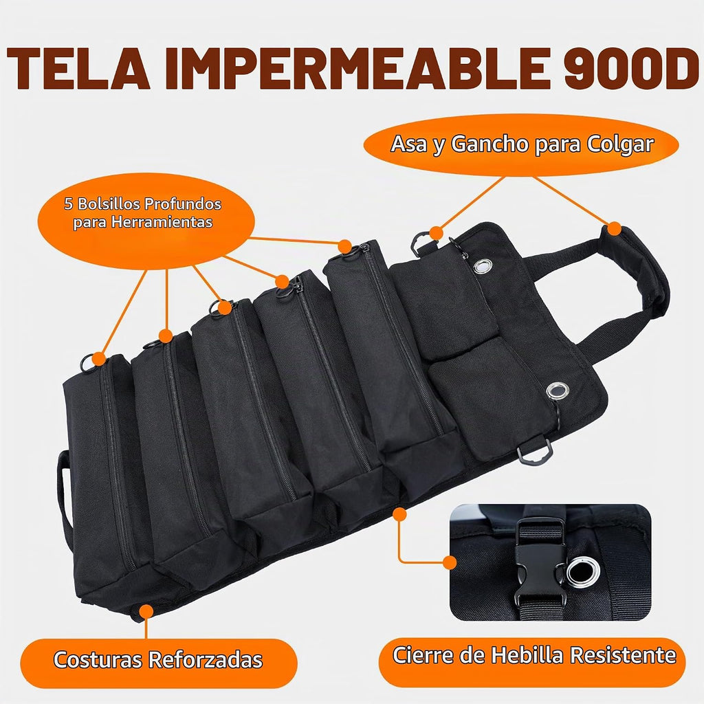 Bolsa plegable portátil para herramientas, bolsa organizadora de herramientas resistente con 5 compartimentos y 2 bolsas desmontables para almacenamiento de herramientas, bolsa enrollable impermeable para papá, hombres, electricista, mecánico, regalos