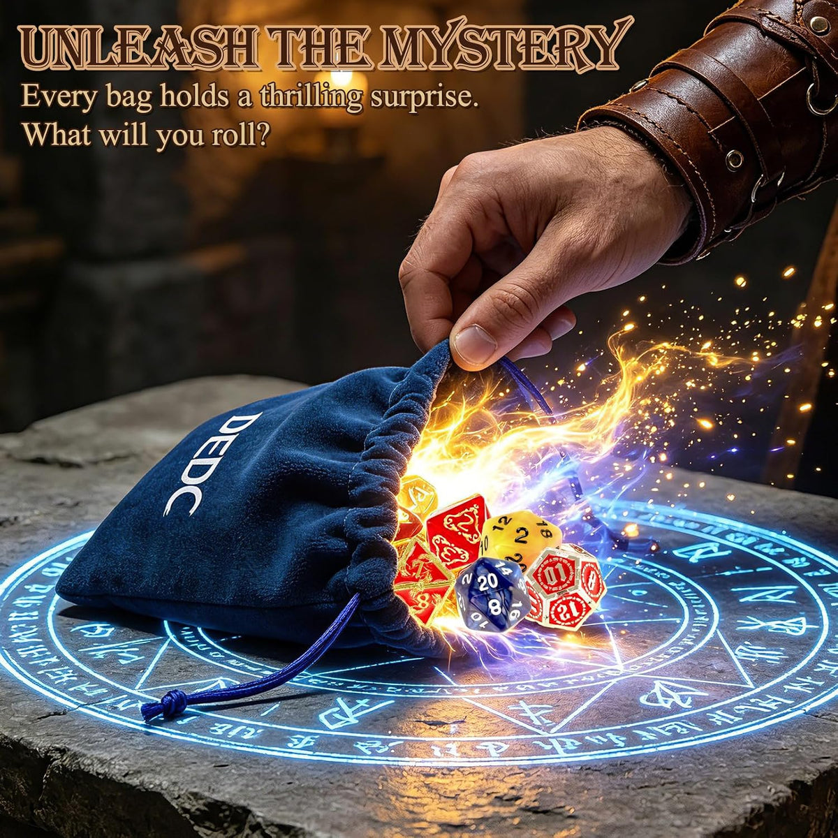 DEDC Set de 42 DADOS DND, 6 Bolsas Misterio para Goblins de Dados y Juegos RPG