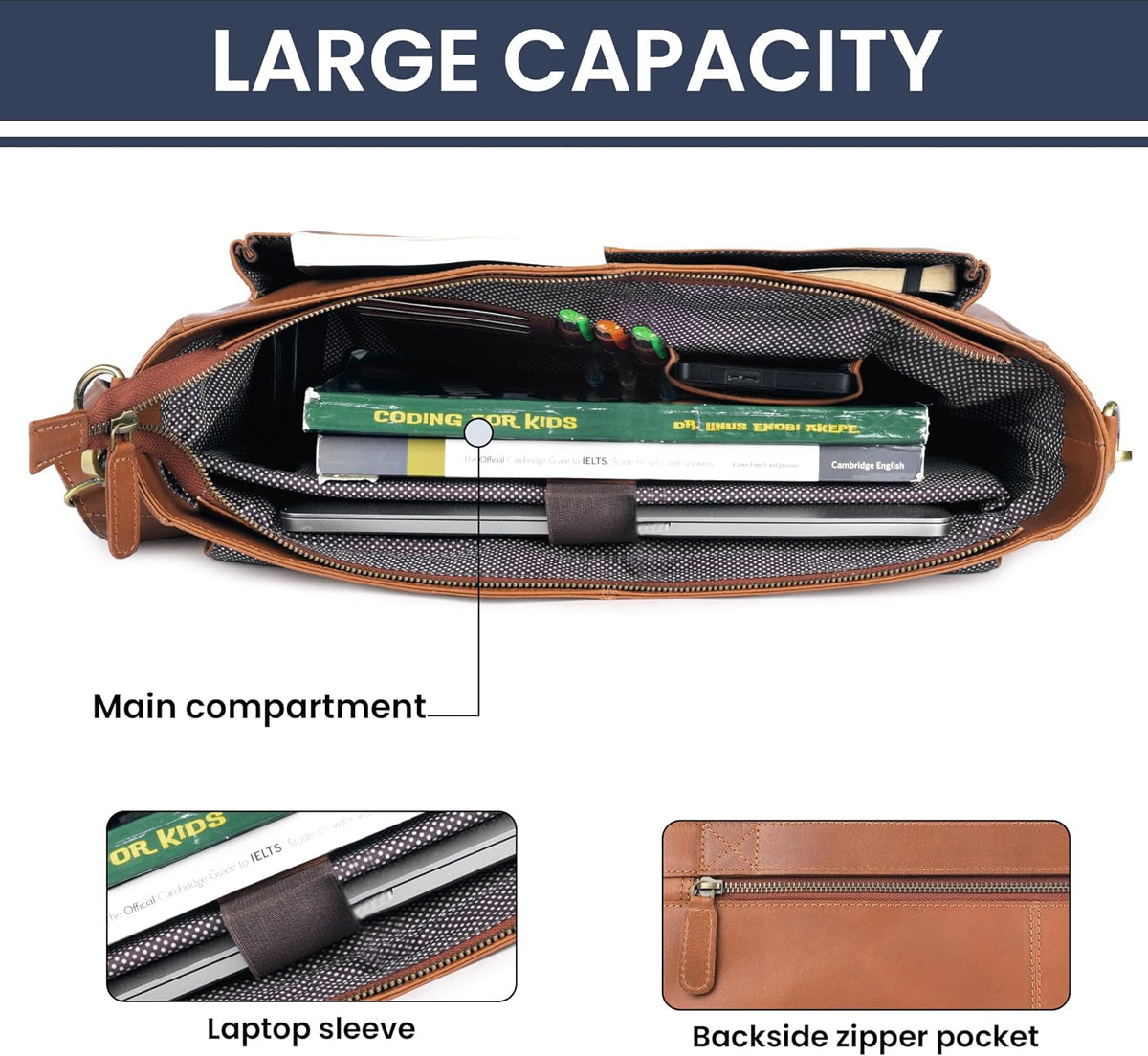 LEATHER VILLAGE Bolso Mensajero de Cuero Vintage–Morral Hecho a Mano de 15.5" para Hombres y Mujeres– Bolso de Hombro para Oficina, Viajes y Uso Diario