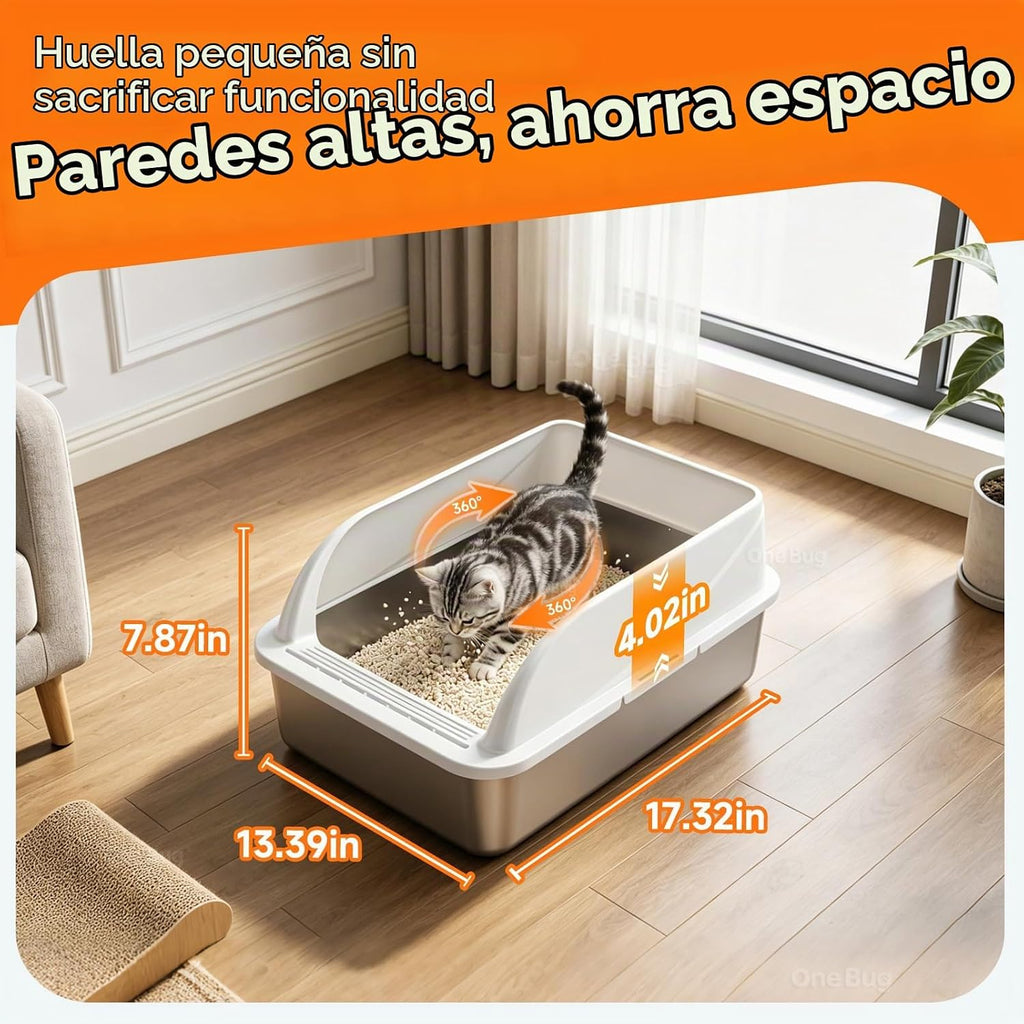 Caja de arena para gatos de acero inoxidable con cuchara, tamaño mediano