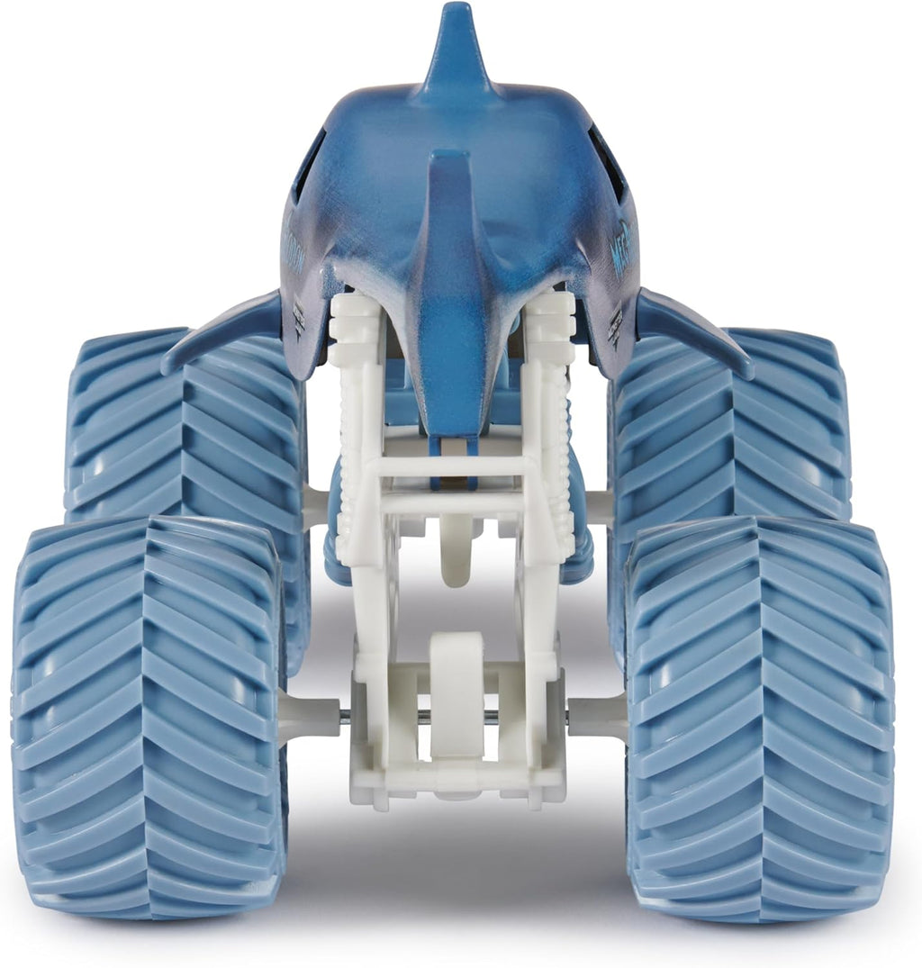 Monster Jam Camión monstruo oficial Megalodon - Retro 2017 edición original a escala 1:24 vehículo fundido a presión, llantas cromadas y neumáticos BKT para uso en todos los juegos de juego