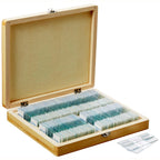 AmScope PS100A juego de diapositivas de microscopio preparado para educación básica de ciencias biológicas, 100 diapositivas, juego A, incluye caja de madera