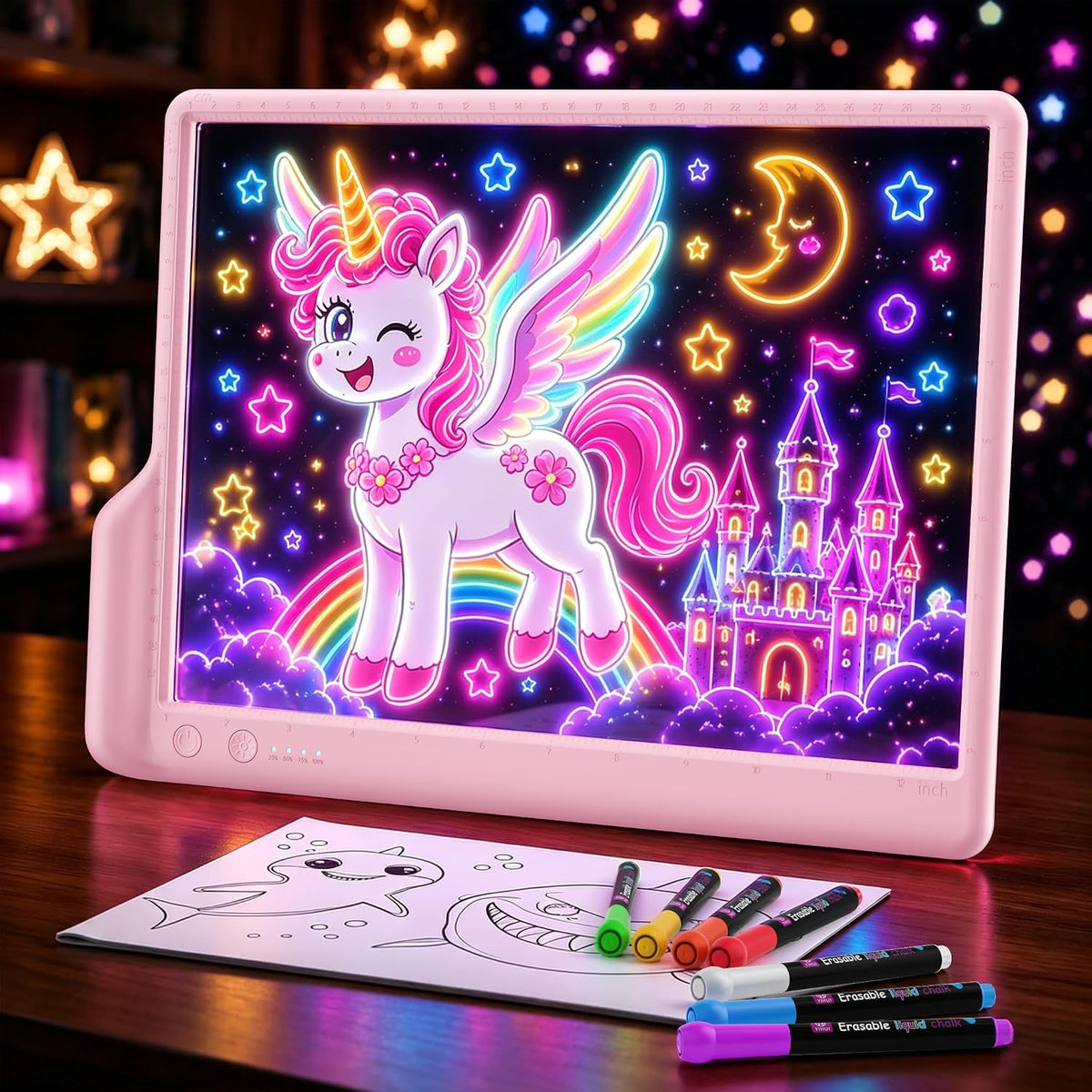 Tablero de dibujo LED recargable A4, 9 modos de luz de color con soporte integrado, bloc de notas de borrado en seco con brillo de arte neón, juguete de regalo para niños, niñas, adolescentes, 7