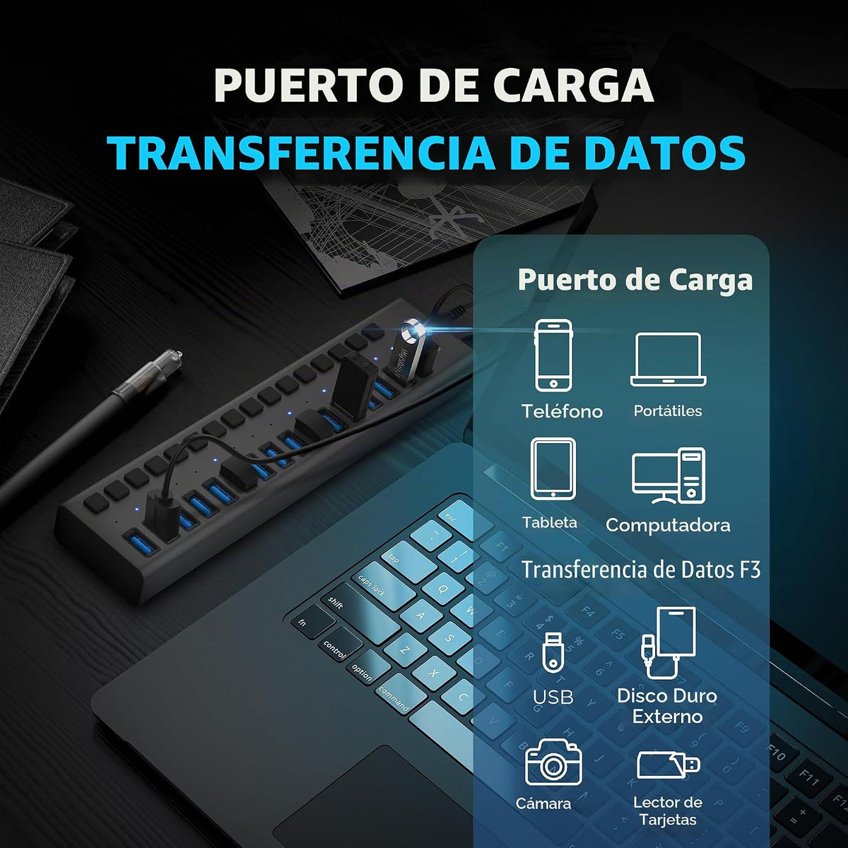 SABRENT, MKI-1200800C8, hub USB 3.0 de 16 puertos, alimentado, adaptador 12V/7.5A