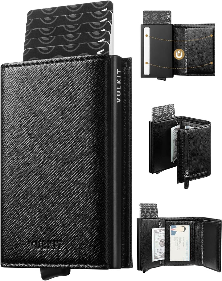 VULKIT Cartera desplegable de piel con bloqueo RFID para tarjetas d...